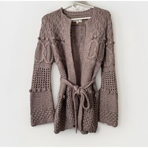 Kaisely Womens Chunky Knit Cardigan Open Front Belted Wool Blend Taupe